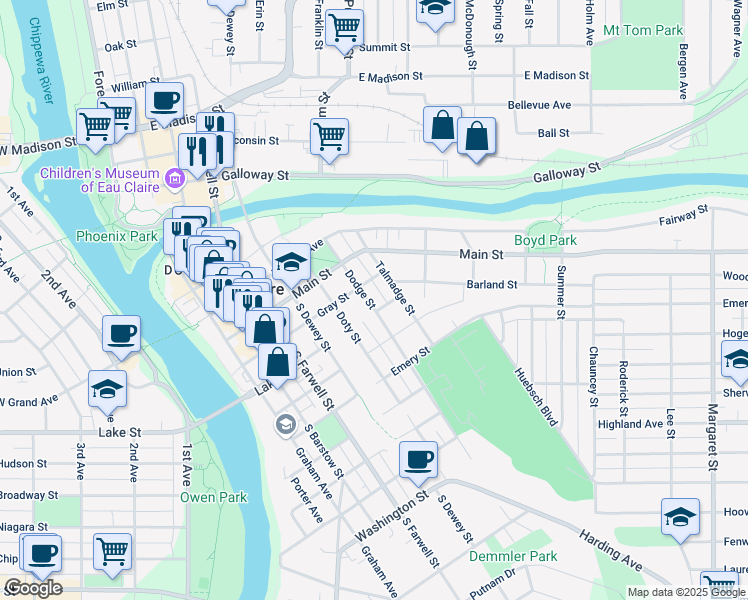 map of restaurants, bars, coffee shops, grocery stores, and more near 516 Talmadge Street in Eau Claire