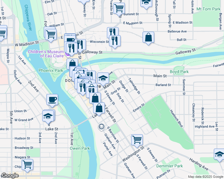 map of restaurants, bars, coffee shops, grocery stores, and more near 414 Doty Street in Eau Claire