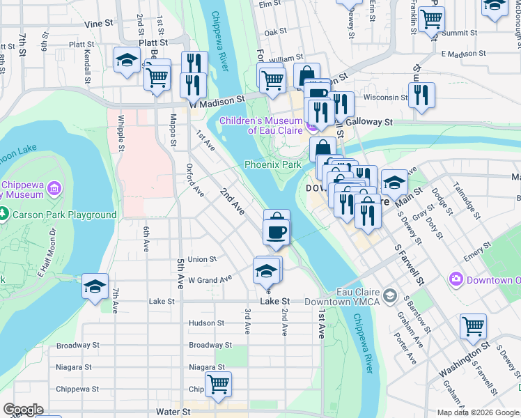 map of restaurants, bars, coffee shops, grocery stores, and more near 914 1st Avenue in Eau Claire