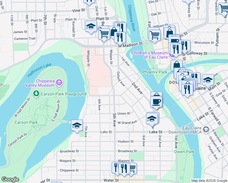 map of restaurants, bars, coffee shops, grocery stores, and more near 1108 5th Avenue in Eau Claire
