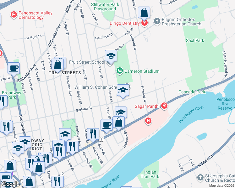 map of restaurants, bars, coffee shops, grocery stores, and more near 99 Otis Street in Bangor