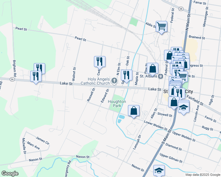 map of restaurants, bars, coffee shops, grocery stores, and more near 246 Lake Street in Saint Albans City
