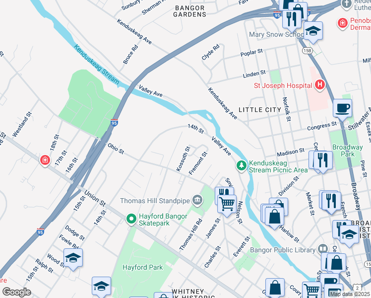 map of restaurants, bars, coffee shops, grocery stores, and more near 40 Kossuth Street in Bangor