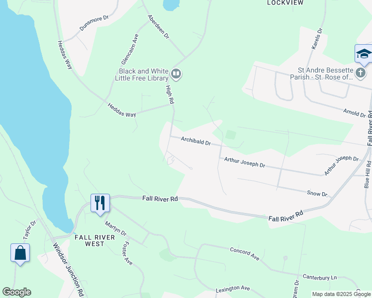 map of restaurants, bars, coffee shops, grocery stores, and more near 18 Archibald Drive in Fall River