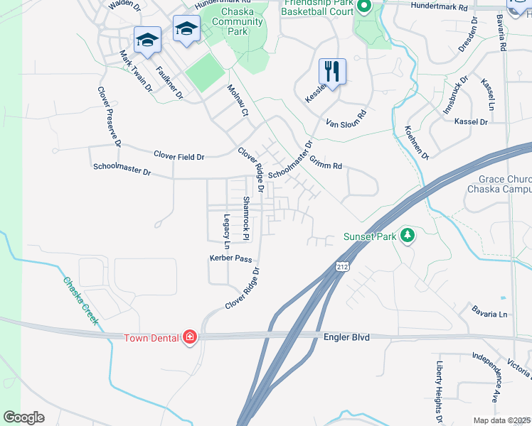 map of restaurants, bars, coffee shops, grocery stores, and more near 909 Braunworth Court in Chaska