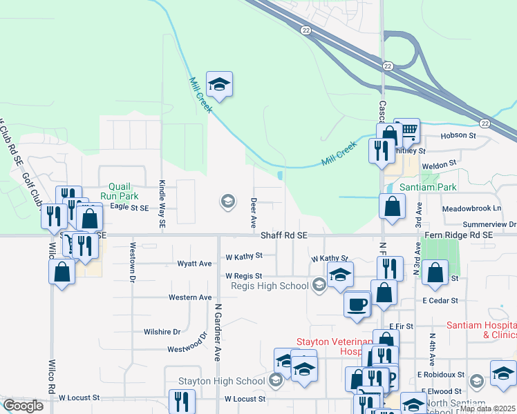 map of restaurants, bars, coffee shops, grocery stores, and more near 798 Rabbit Run Street in Stayton