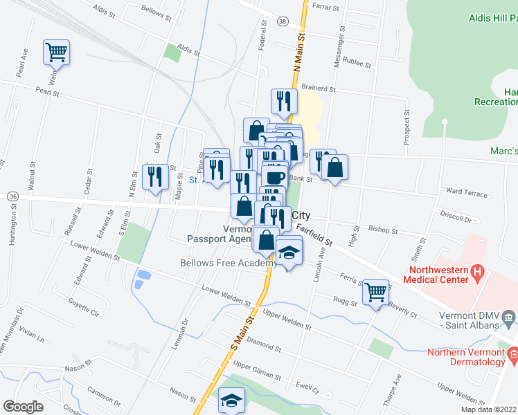 map of restaurants, bars, coffee shops, grocery stores, and more near 43 Lake Street in Saint Albans City