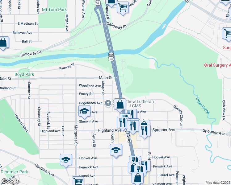 map of restaurants, bars, coffee shops, grocery stores, and more near 2008 Emery Street in Eau Claire