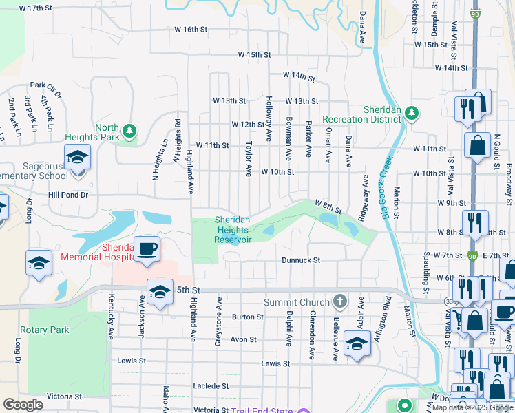 map of restaurants, bars, coffee shops, grocery stores, and more near 1201-1319 Taylor Avenue in Sheridan