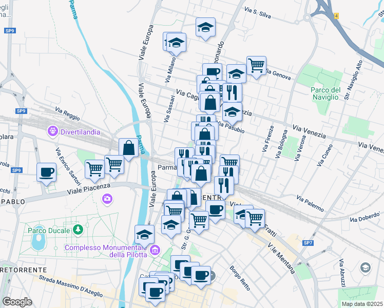 map of restaurants, bars, coffee shops, grocery stores, and more near 31 Viale Paolo Borsellino in Parma