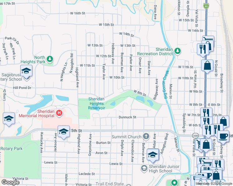 map of restaurants, bars, coffee shops, grocery stores, and more near 842 Park Drive in Sheridan