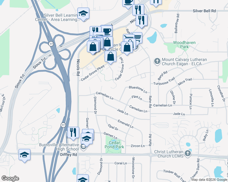 map of restaurants, bars, coffee shops, grocery stores, and more near 4018 Cedar Grove Lane in Eagan