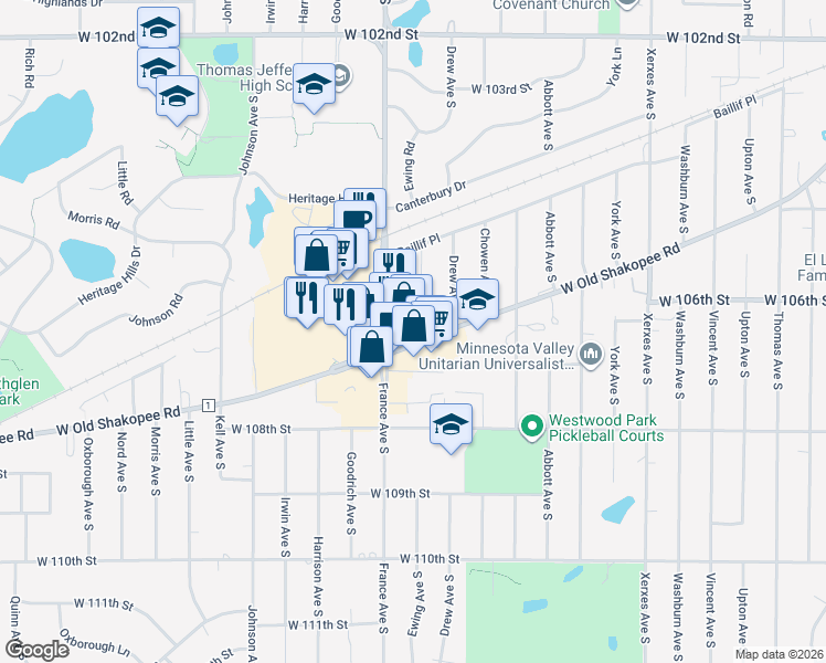 map of restaurants, bars, coffee shops, grocery stores, and more near 3806 West Old Shakopee Road in Bloomington