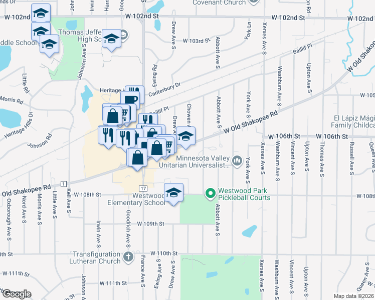 map of restaurants, bars, coffee shops, grocery stores, and more near 3515 West Old Shakopee Road in Minneapolis