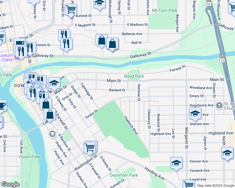 map of restaurants, bars, coffee shops, grocery stores, and more near 1025 Barland Street in Eau Claire