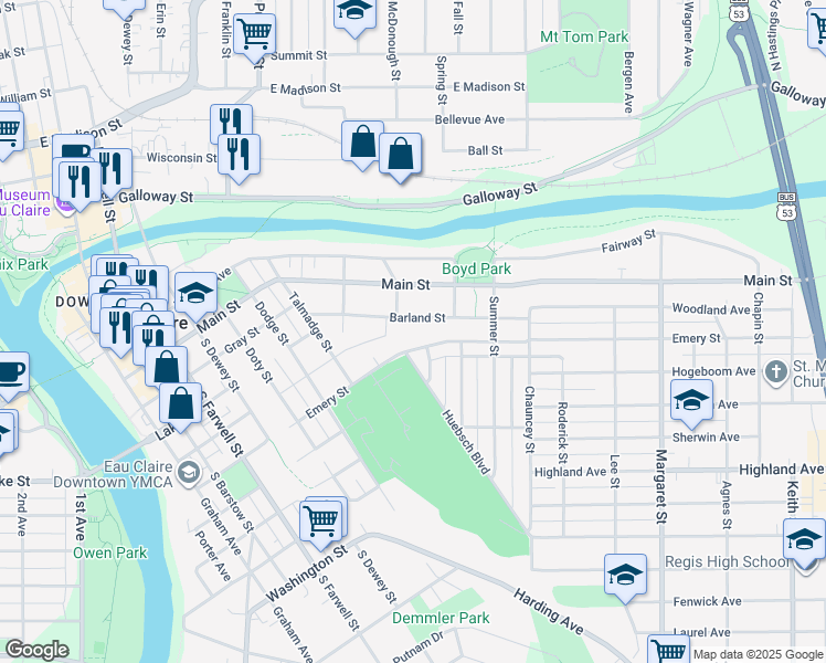 map of restaurants, bars, coffee shops, grocery stores, and more near 1025 Barland Street in Eau Claire