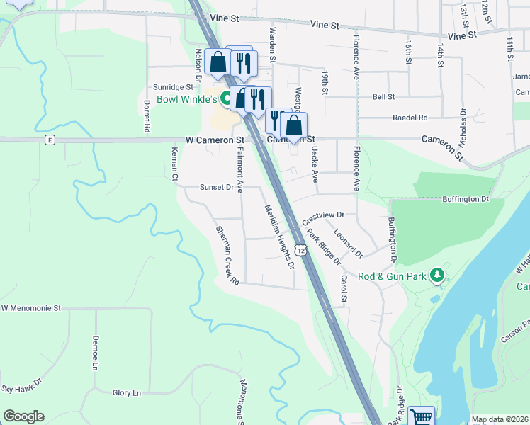 map of restaurants, bars, coffee shops, grocery stores, and more near 1130 Meridian Heights Drive in Eau Claire