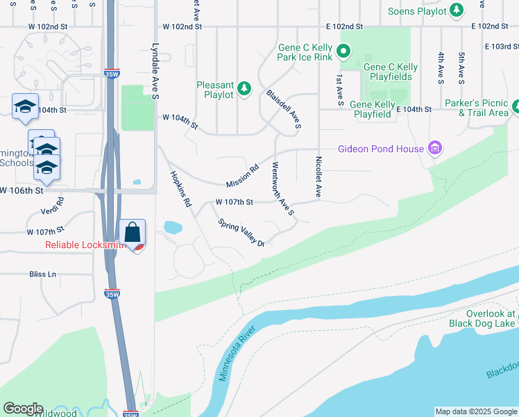 map of restaurants, bars, coffee shops, grocery stores, and more near 175 West 107th Street in Minneapolis