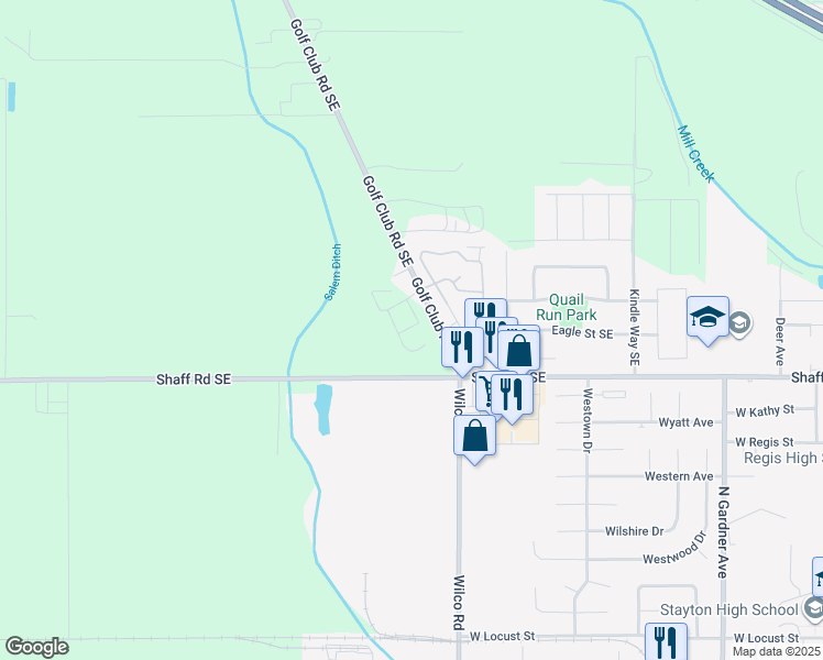 map of restaurants, bars, coffee shops, grocery stores, and more near 9875 Golf Club Road Southeast in Aumsville
