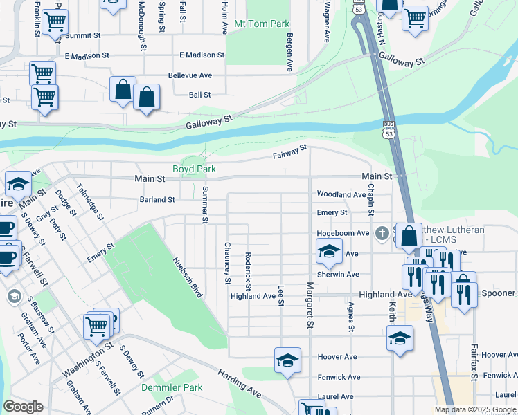 map of restaurants, bars, coffee shops, grocery stores, and more near 1408 Emery Street in Eau Claire
