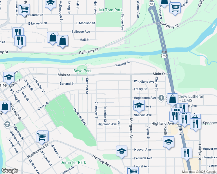 map of restaurants, bars, coffee shops, grocery stores, and more near 1408 Emery Street in Eau Claire
