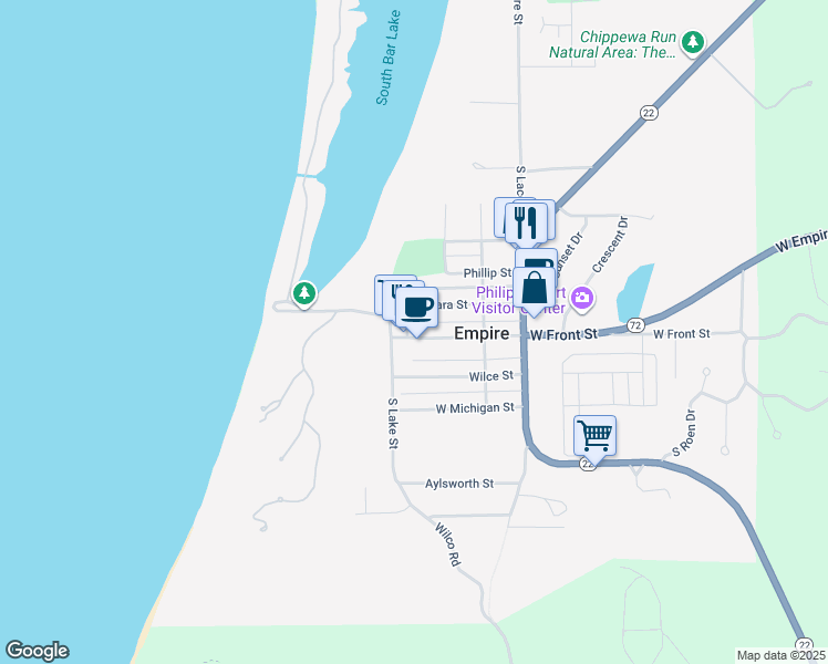 map of restaurants, bars, coffee shops, grocery stores, and more near 10210 West Front Street in Empire