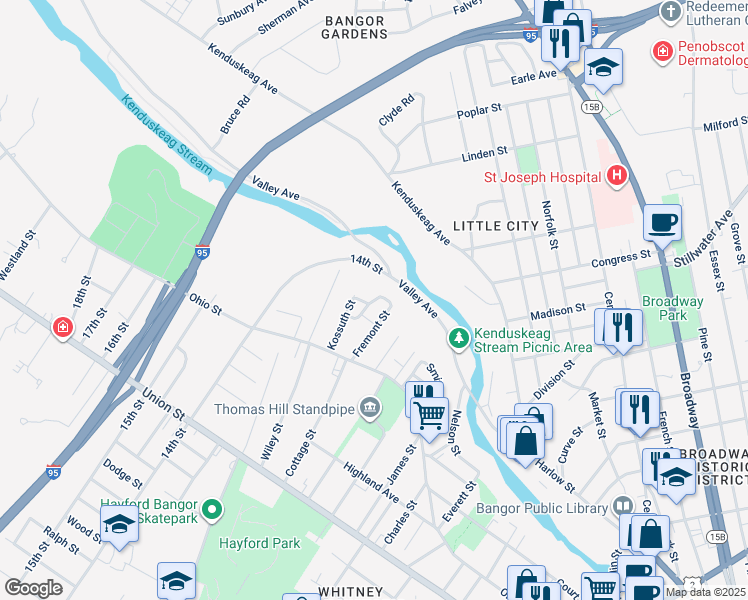 map of restaurants, bars, coffee shops, grocery stores, and more near 34 Jessie Street in Bangor
