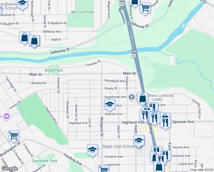 map of restaurants, bars, coffee shops, grocery stores, and more near 1622 Emery Street in Eau Claire