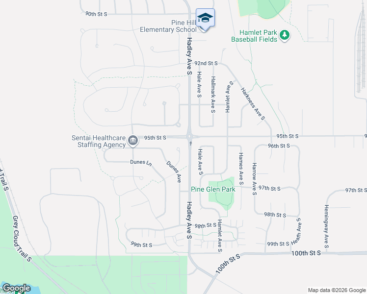 map of restaurants, bars, coffee shops, grocery stores, and more near 9539 Dunes Court South in Cottage Grove