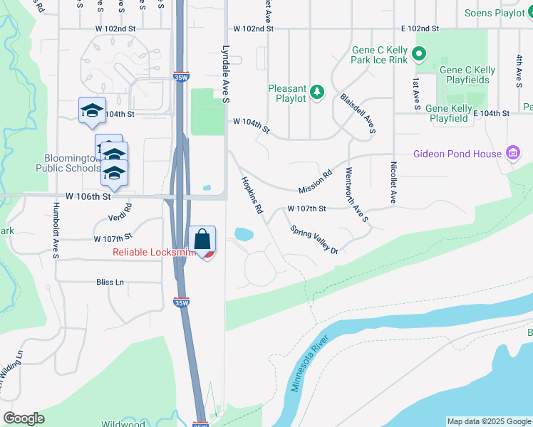 map of restaurants, bars, coffee shops, grocery stores, and more near 10617 Hopkins Road in Bloomington