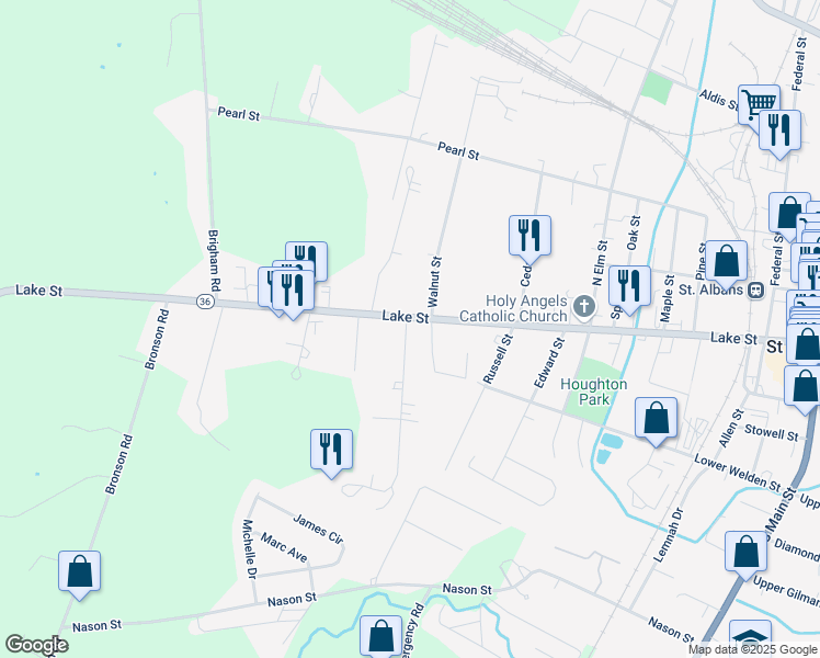 map of restaurants, bars, coffee shops, grocery stores, and more near 5 Huntington Street in Saint Albans City