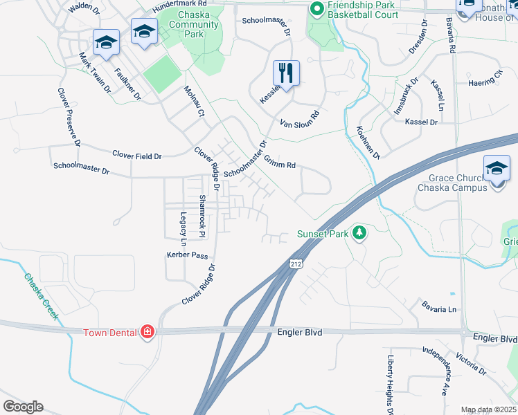 map of restaurants, bars, coffee shops, grocery stores, and more near 860 Braunworth Court in Chaska