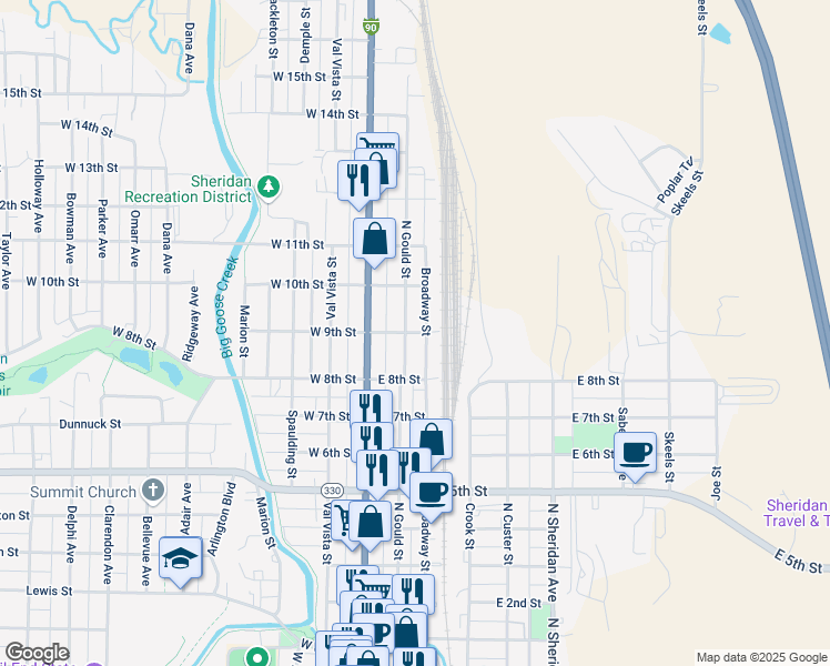 map of restaurants, bars, coffee shops, grocery stores, and more near 1216-1298 North Gould Street in Sheridan