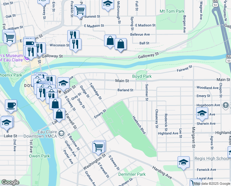 map of restaurants, bars, coffee shops, grocery stores, and more near 933 Barland Street in Eau Claire