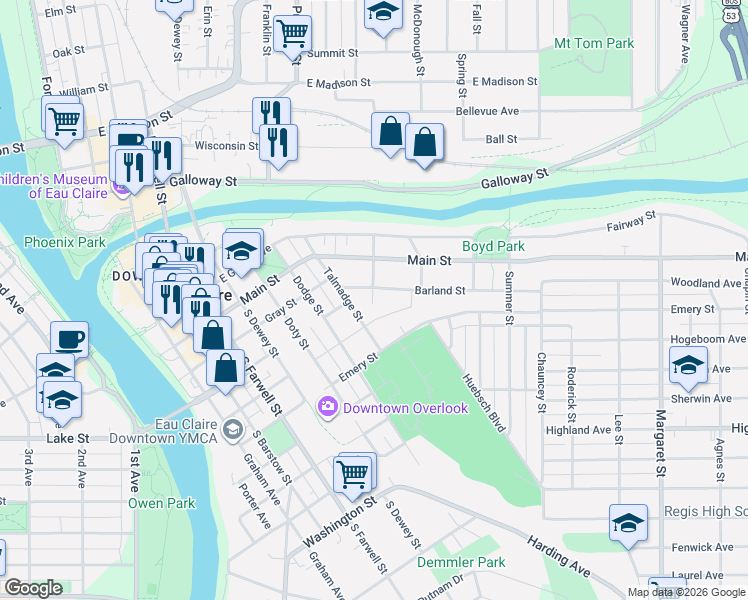 map of restaurants, bars, coffee shops, grocery stores, and more near 831 Barland Street in Eau Claire
