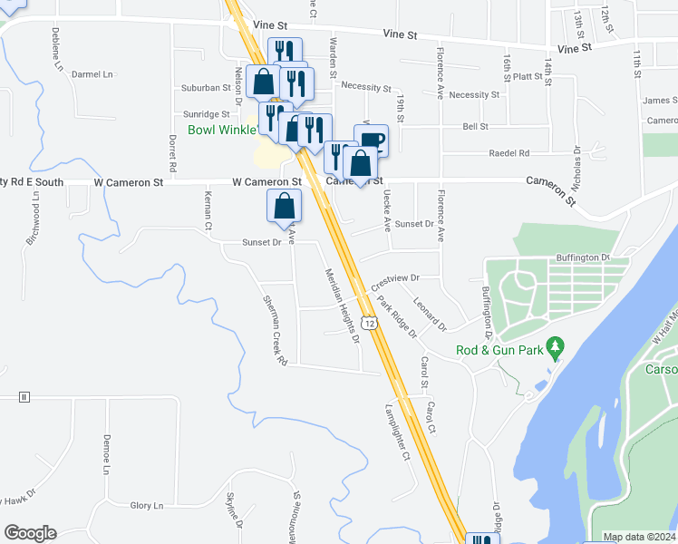 map of restaurants, bars, coffee shops, grocery stores, and more near 1130 Meridian Heights Drive in Eau Claire