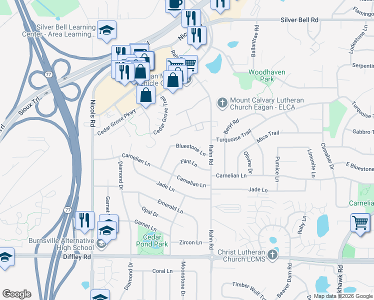 map of restaurants, bars, coffee shops, grocery stores, and more near 2042 Bluestone Lane in Eagan