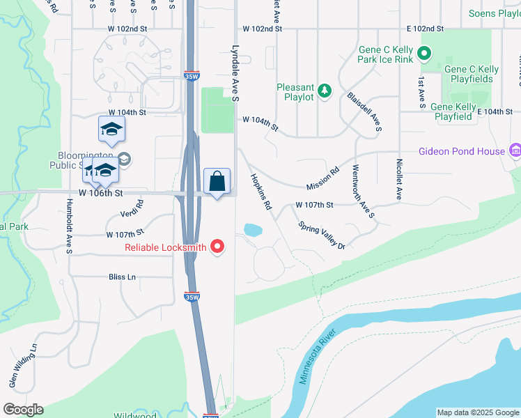map of restaurants, bars, coffee shops, grocery stores, and more near 10617 Hopkins Road in Bloomington