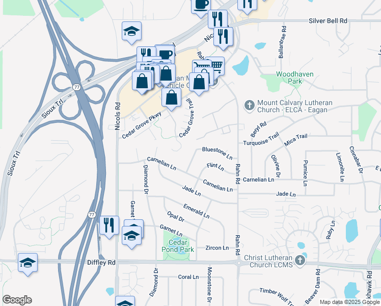 map of restaurants, bars, coffee shops, grocery stores, and more near 2061 Bluestone Lane in Eagan