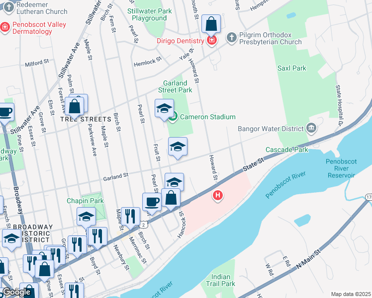 map of restaurants, bars, coffee shops, grocery stores, and more near 304 Garland Street in Bangor