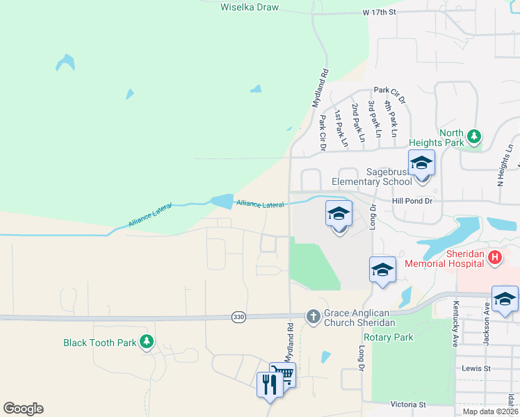 map of restaurants, bars, coffee shops, grocery stores, and more near 1348 Bobwhite Ct in Sheridan