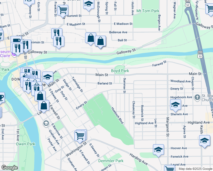 map of restaurants, bars, coffee shops, grocery stores, and more near 1025 Barland Street in Eau Claire