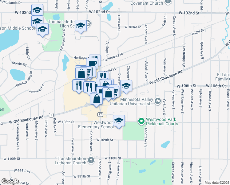 map of restaurants, bars, coffee shops, grocery stores, and more near 3701 West Old Shakopee Road in Bloomington