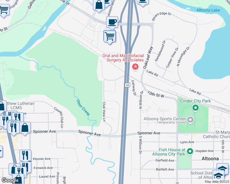 map of restaurants, bars, coffee shops, grocery stores, and more near 619 Blue Karner Drive in Altoona