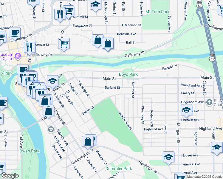 map of restaurants, bars, coffee shops, grocery stores, and more near 1017 Barland Street in Eau Claire