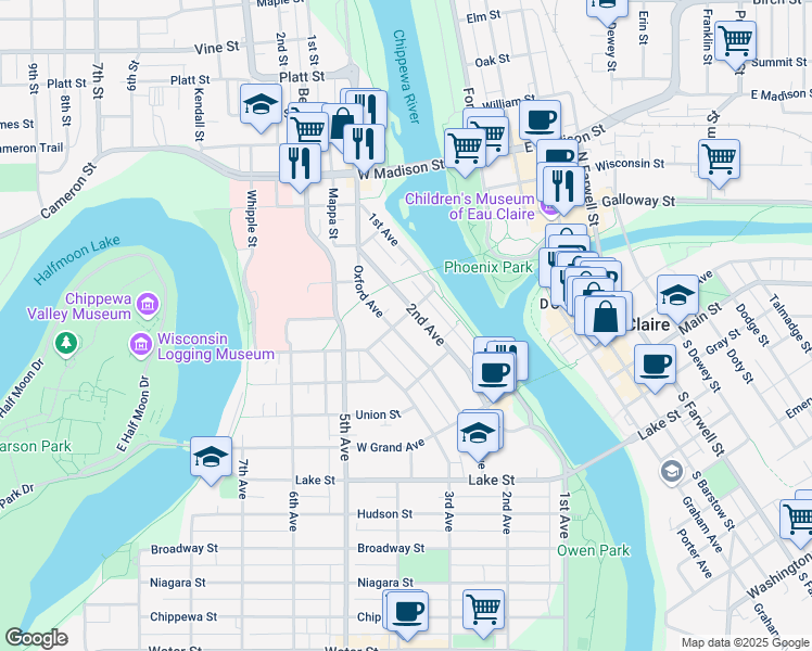 map of restaurants, bars, coffee shops, grocery stores, and more near 1033 Oxford Avenue in Eau Claire
