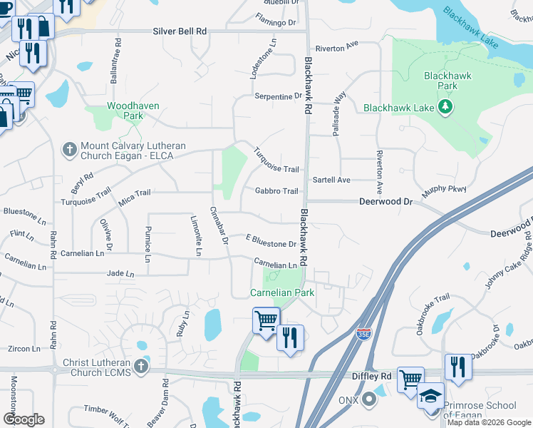 map of restaurants, bars, coffee shops, grocery stores, and more near 1794 Taconite Trail in Eagan