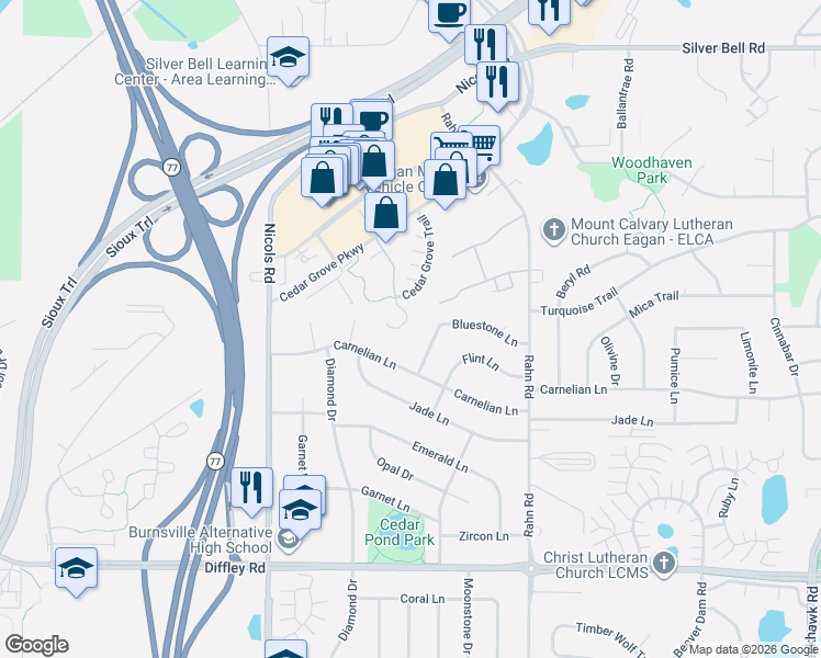 map of restaurants, bars, coffee shops, grocery stores, and more near 4018 Cedar Grove Lane in Eagan