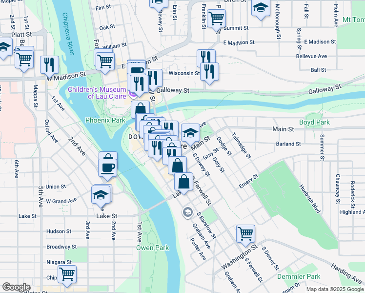 map of restaurants, bars, coffee shops, grocery stores, and more near 304 South Dewey Street in Eau Claire