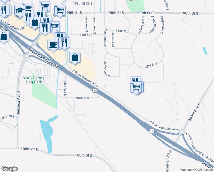 map of restaurants, bars, coffee shops, grocery stores, and more near 9190 East Point Douglas Lane South in Cottage Grove